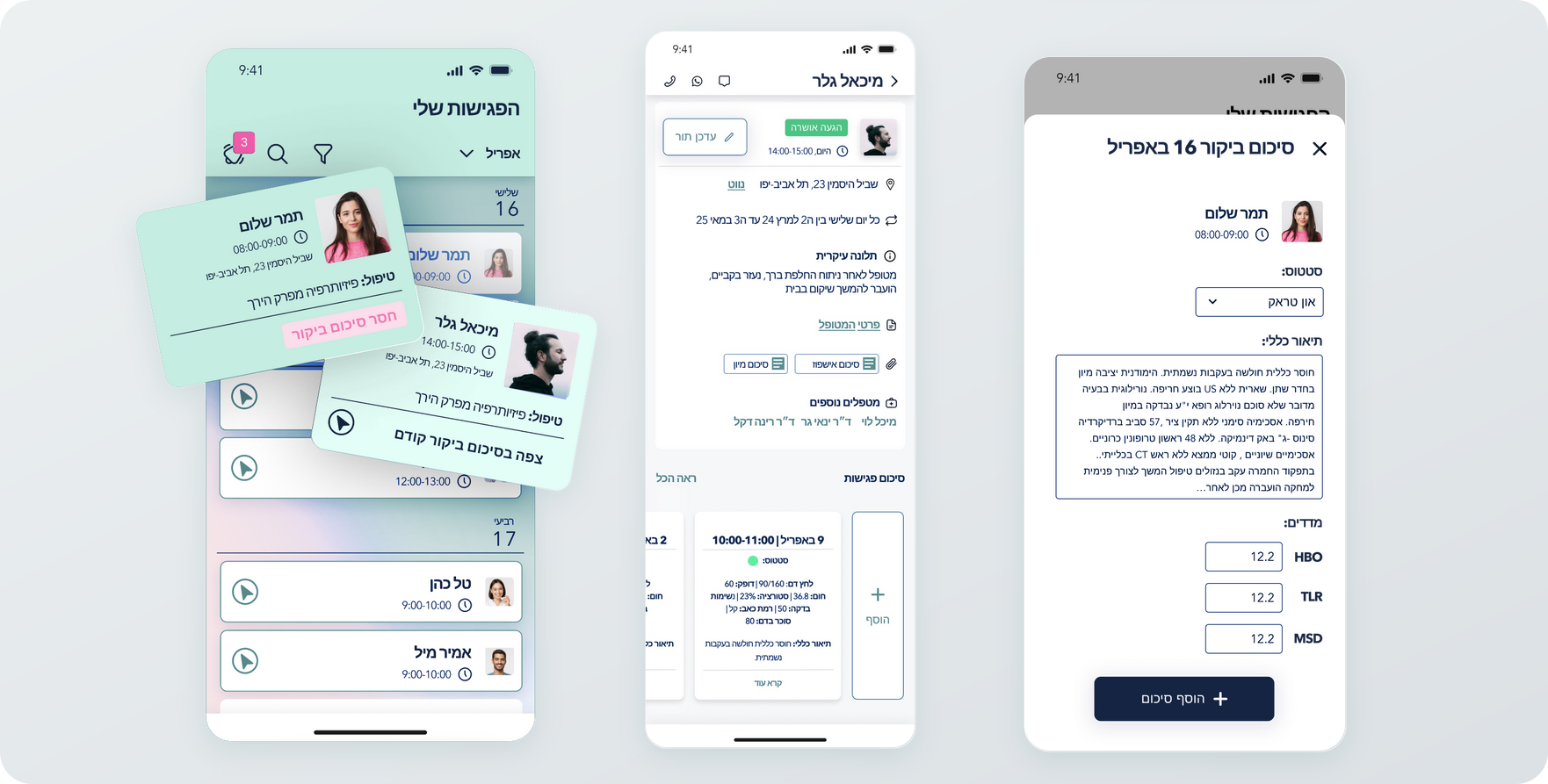 Home healthcare interface concept showing visit lists, appointment details and visit documentation.