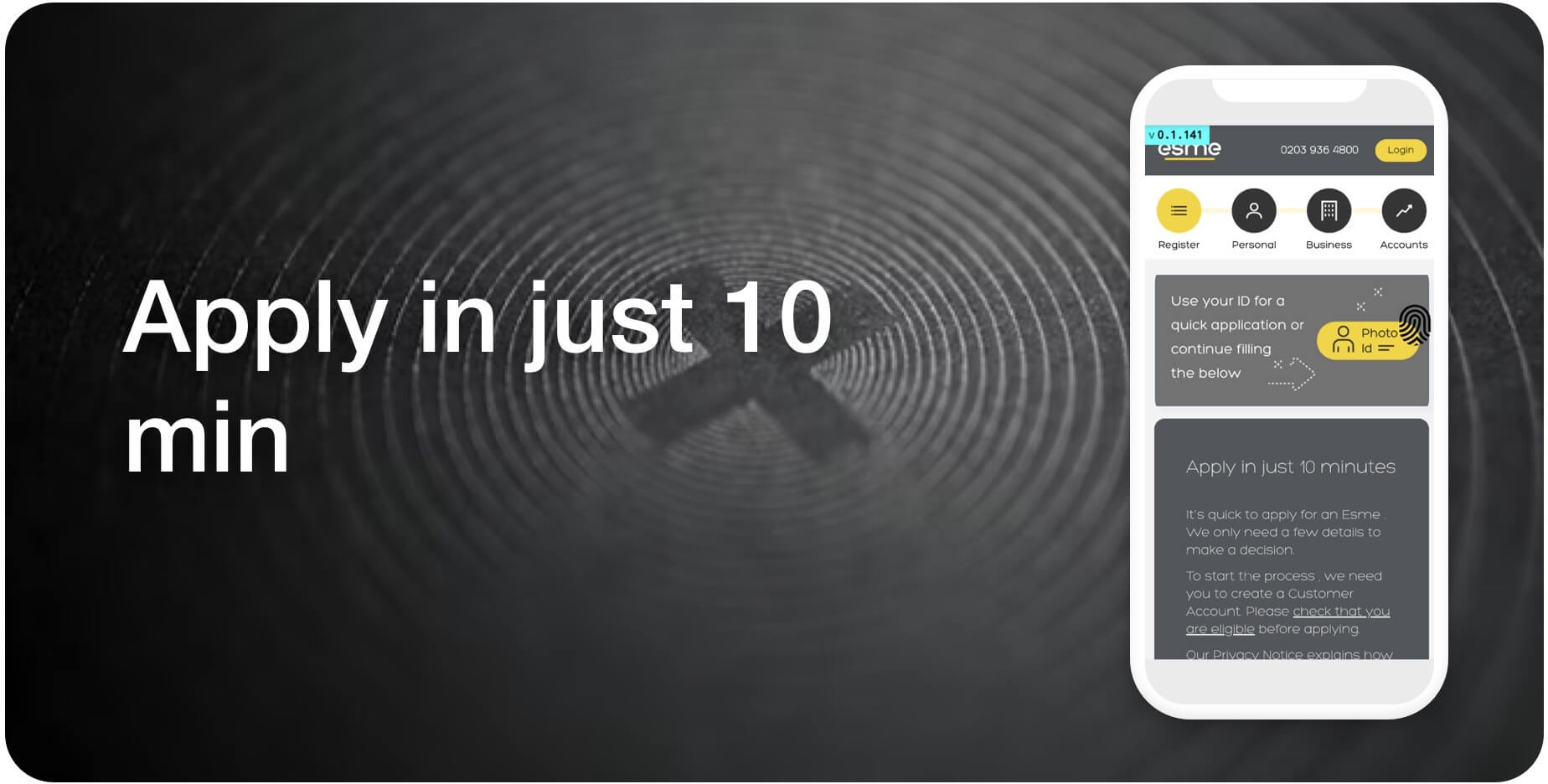 Selfie Check mobile application screen: Apply in just 10 minutes.