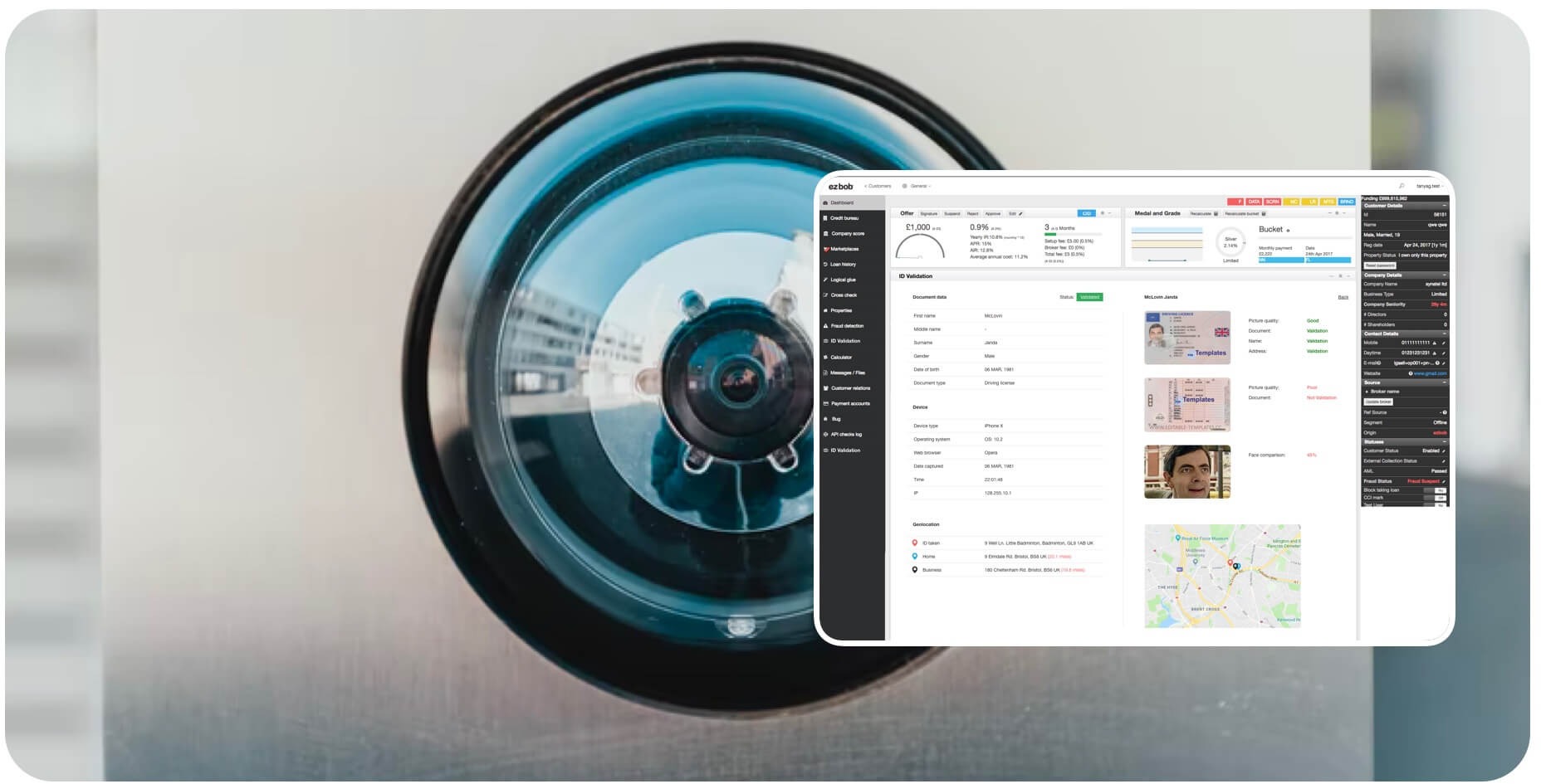 Selfie Check review dashboard with identity documents, checks and a location map.