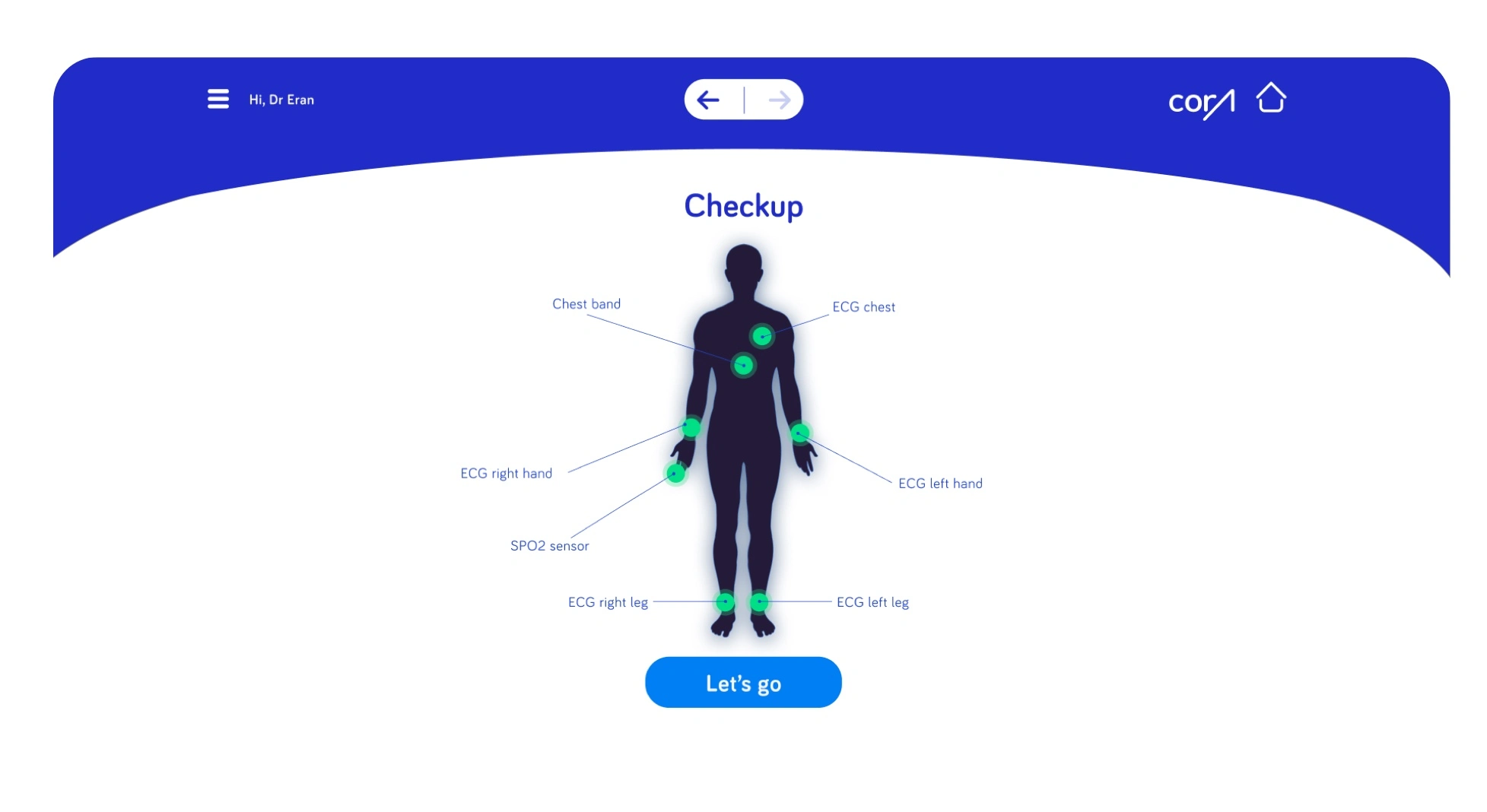 CORA checkup screen showing chest, hand and leg sensor placement.