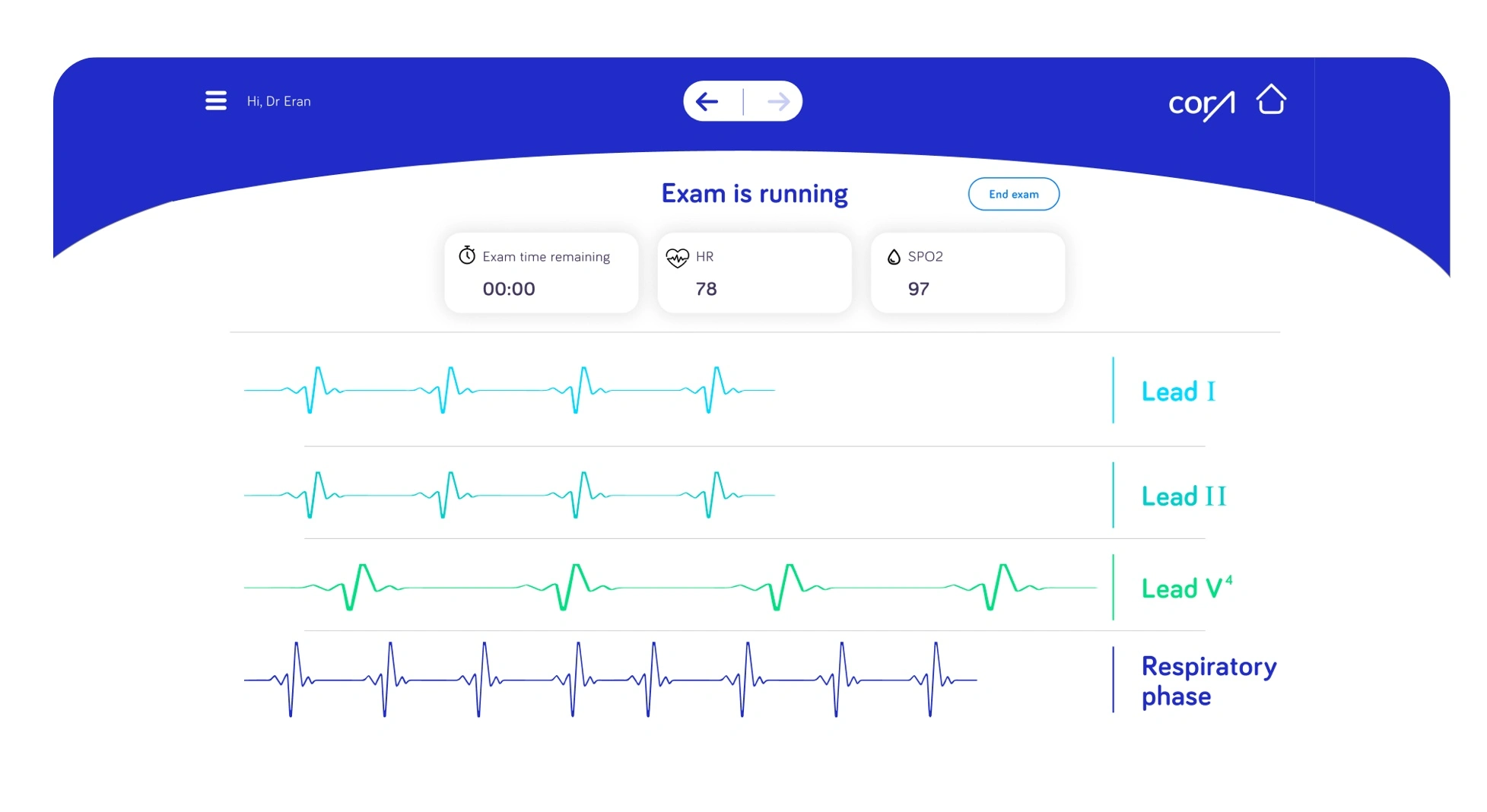 CORA exam in progress with ECG traces, respiratory phase, heart rate and oxygen saturation.