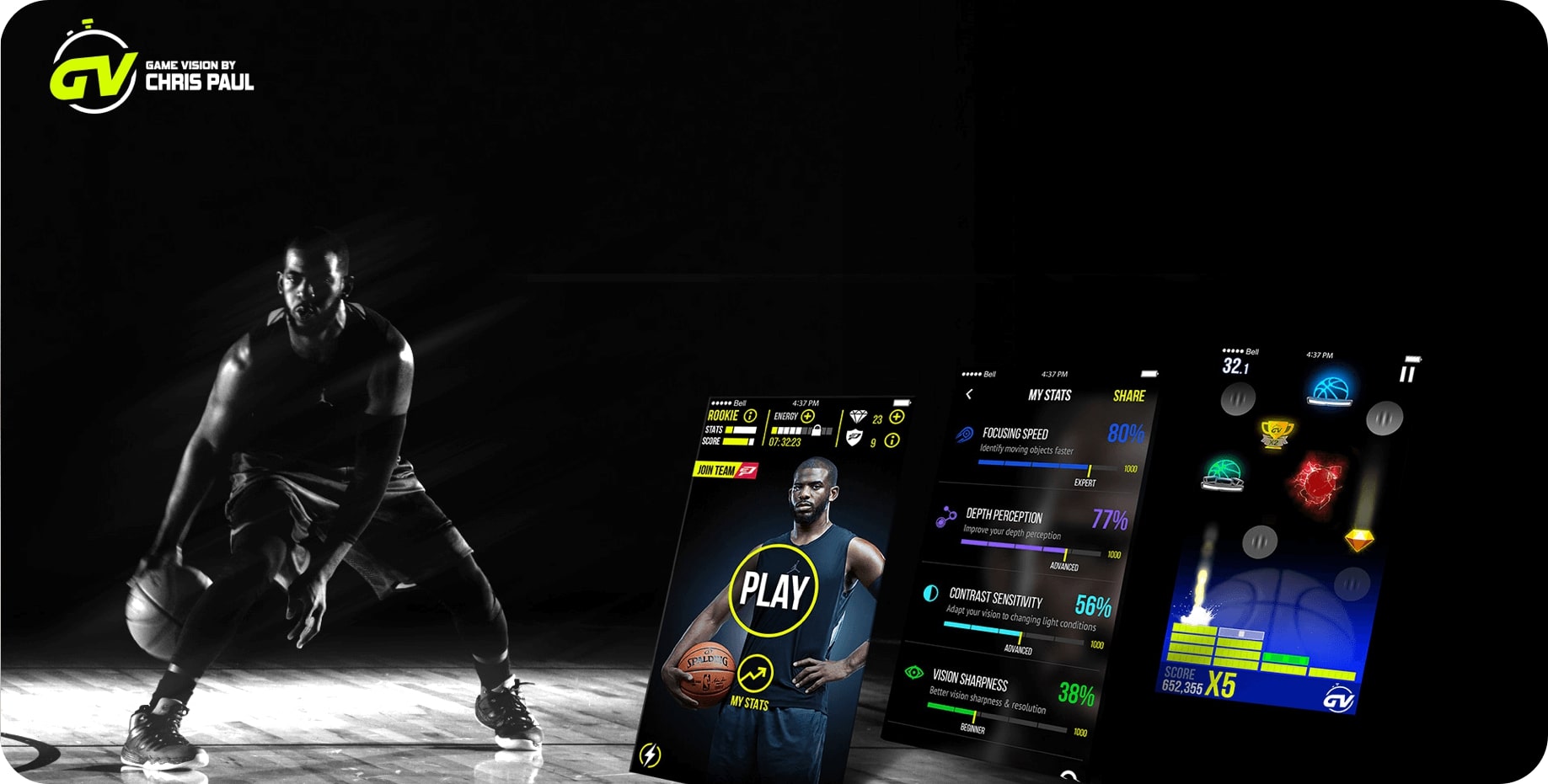 Game Vision basketball imagery beside training and performance screens.
