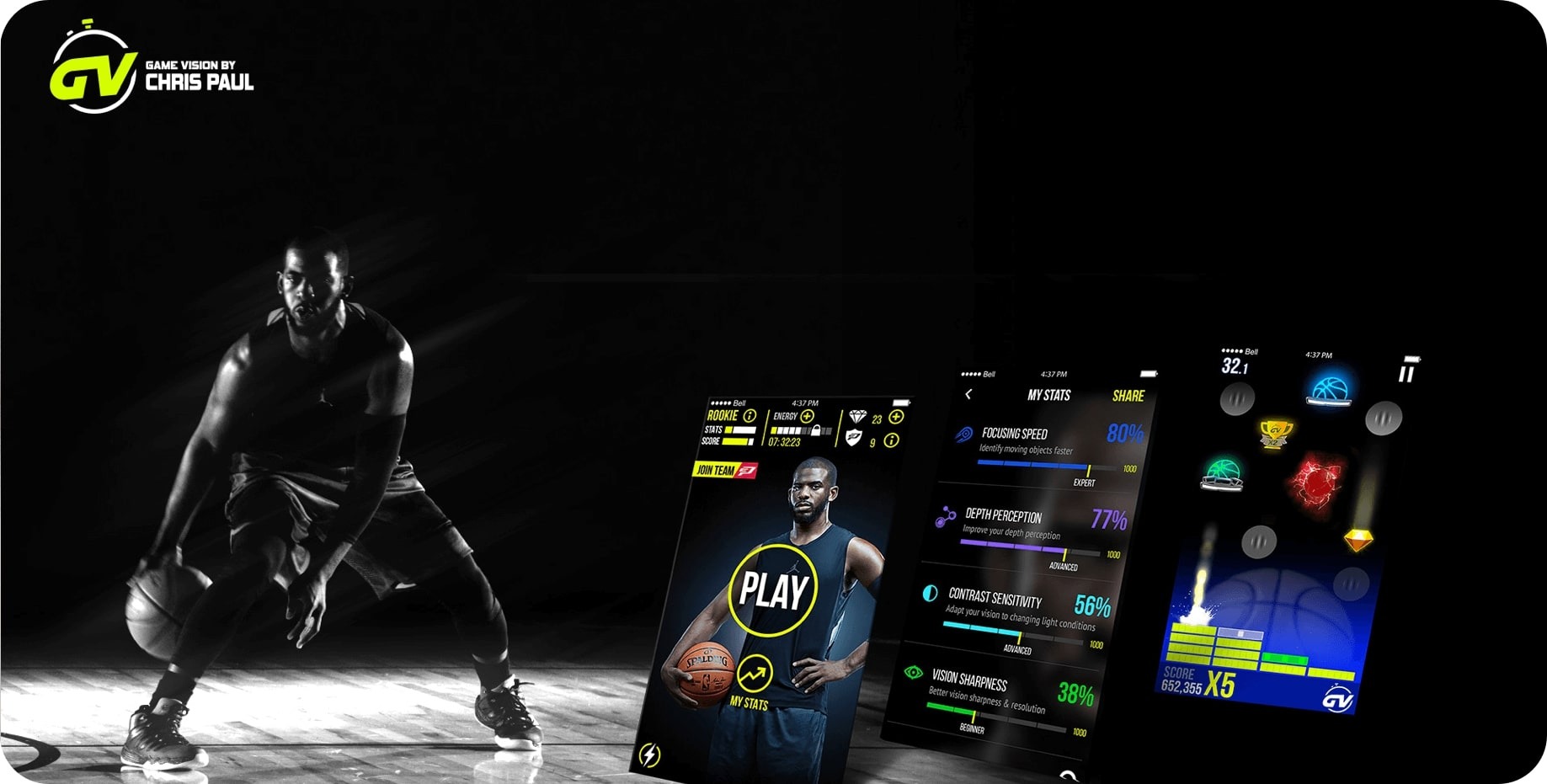 Game Vision basketball imagery beside training and performance screens.