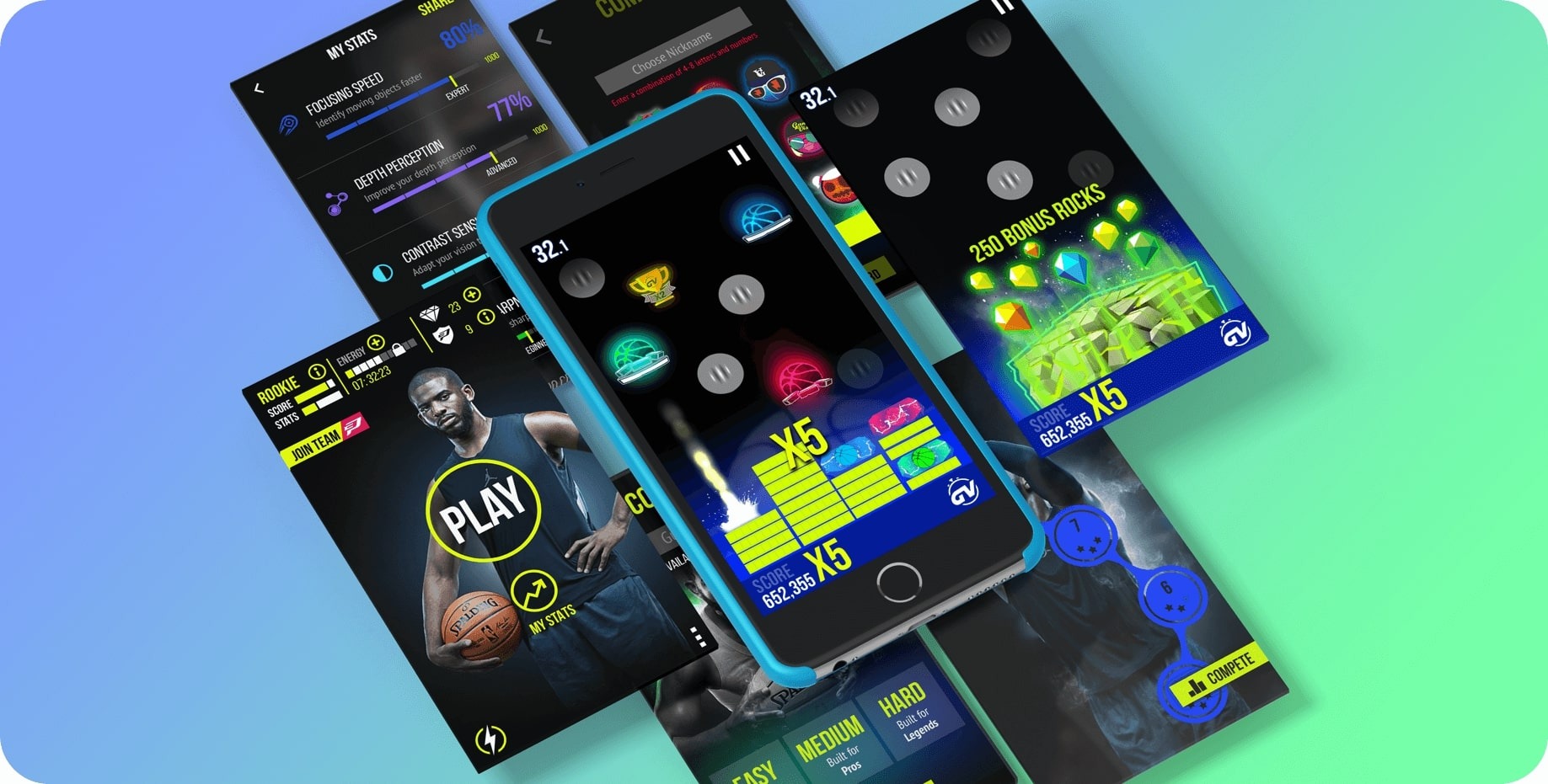 Game Vision game, training scores and progress screens on a phone.