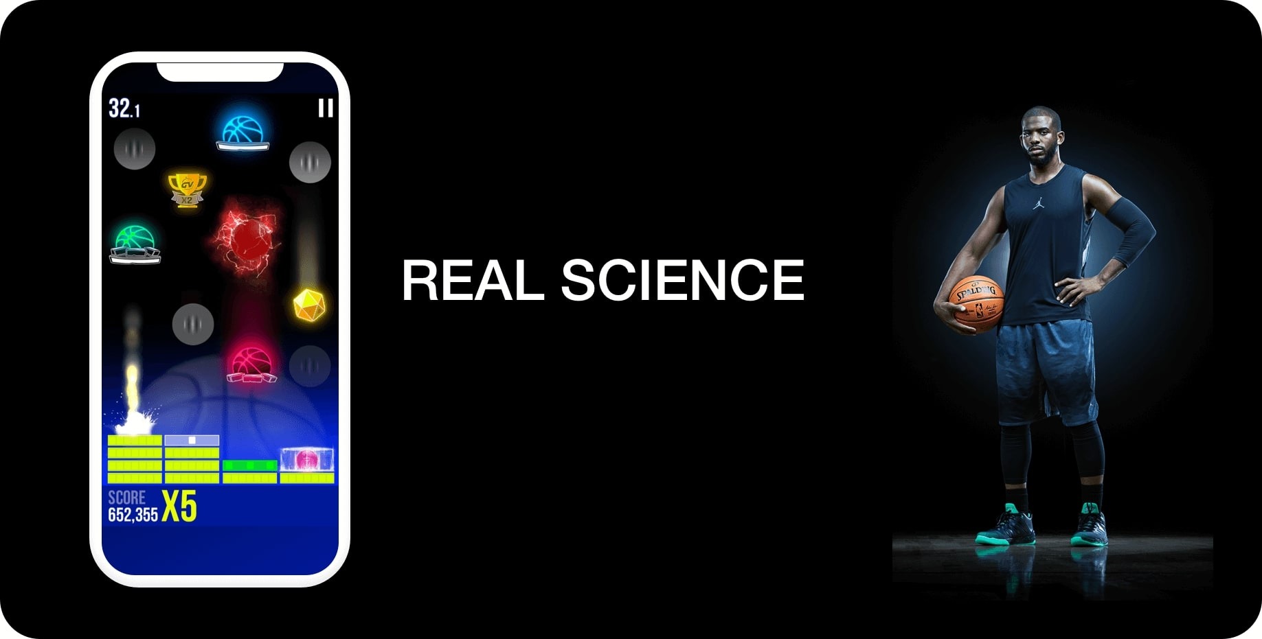 Game Vision exercise screen beside a basketball player: Real Science.