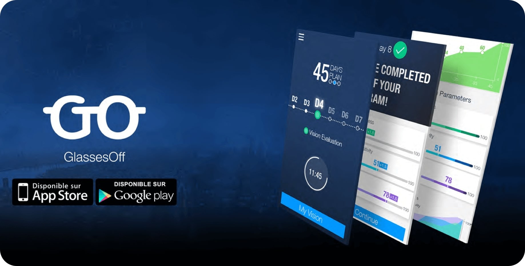GlassesOff app screens showing a completed eye exam and vision parameters, with App Store and Google Play badges.
