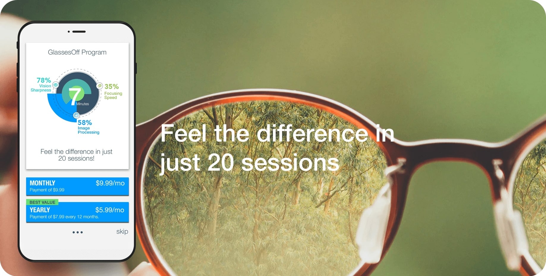 GlassesOff program and subscription screen: Feel the difference in just 20 sessions.