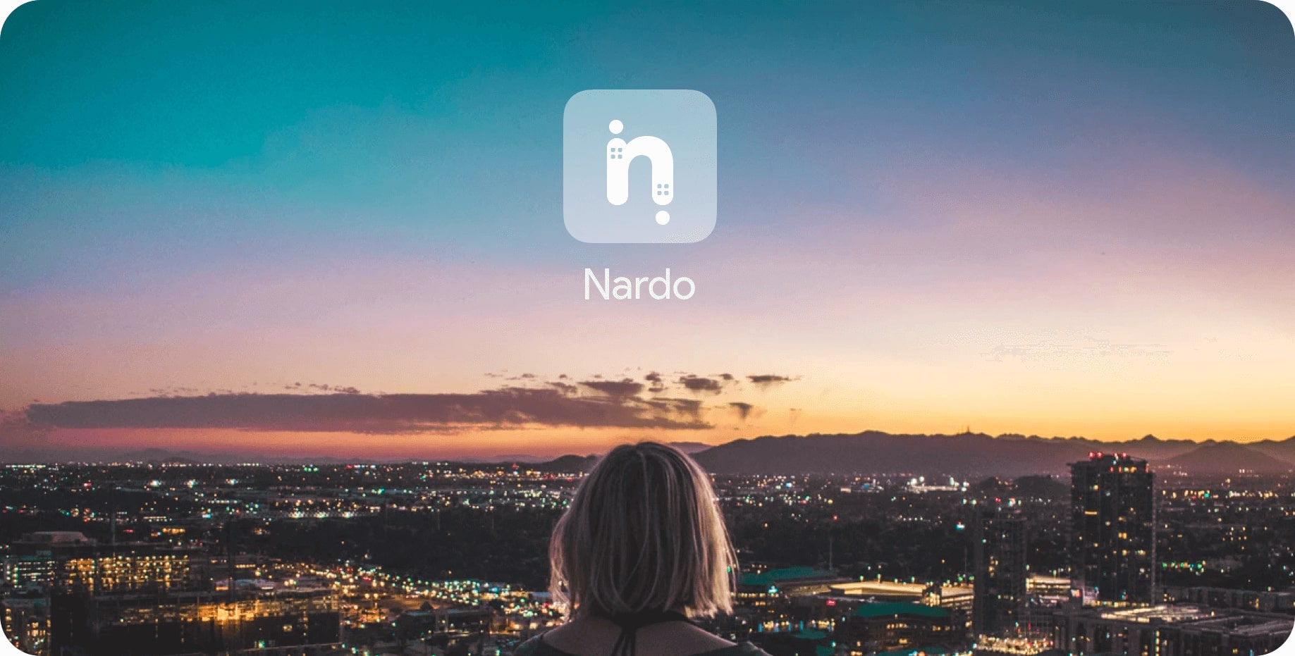 Nardo logo over a city at sunset.