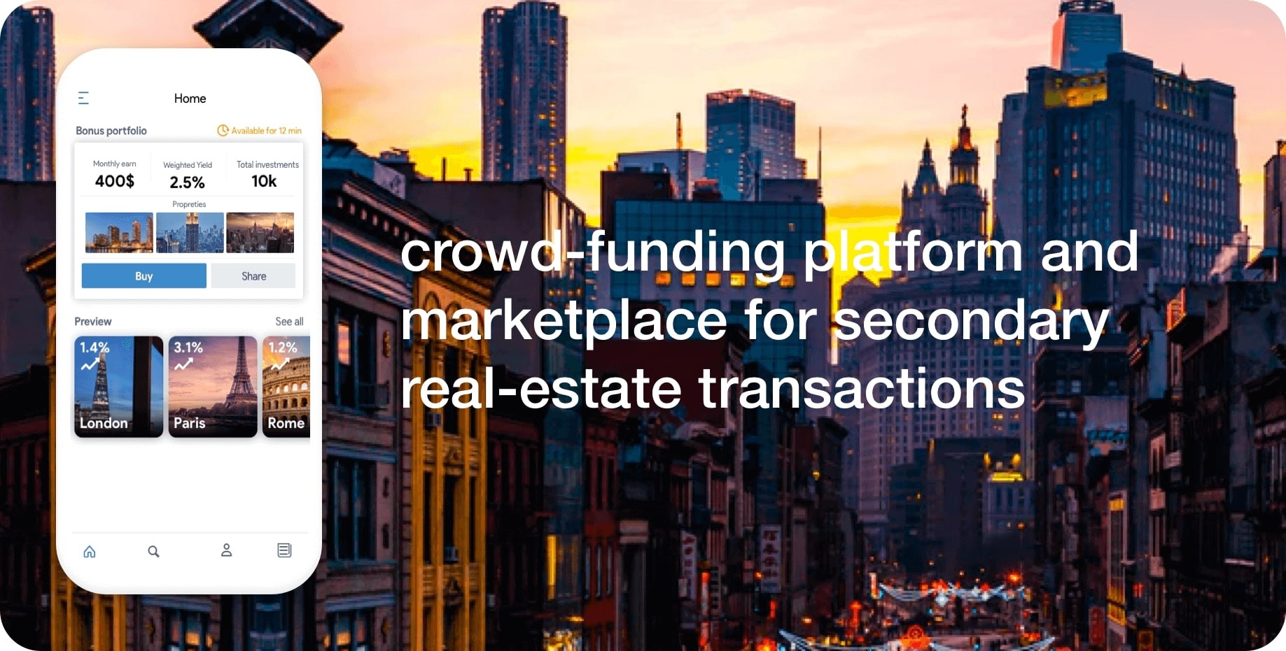 Nardo marketplace screen: Crowdfunding and secondary real estate transactions.