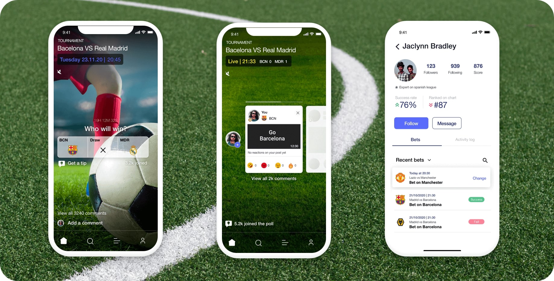 ScoreBaba match predictions, live commentary and user profile screens.